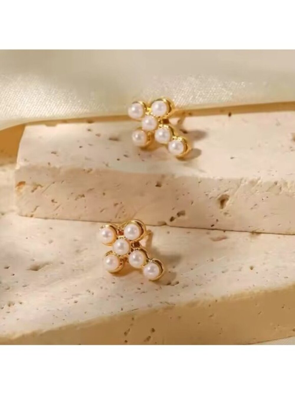 Mini Gold Pearl Cross Stud Earrings  Timeless & Tarnish Resistant Pretty Studs - Picture 4 of 9